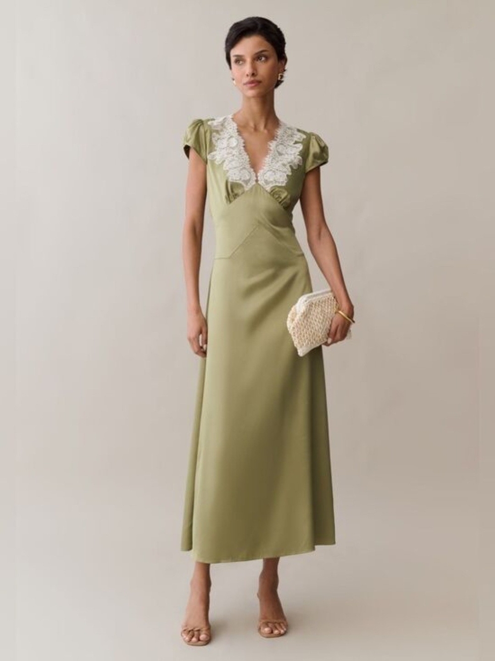 Olive Lace-Trim Midi Dress with Cap Sleeves